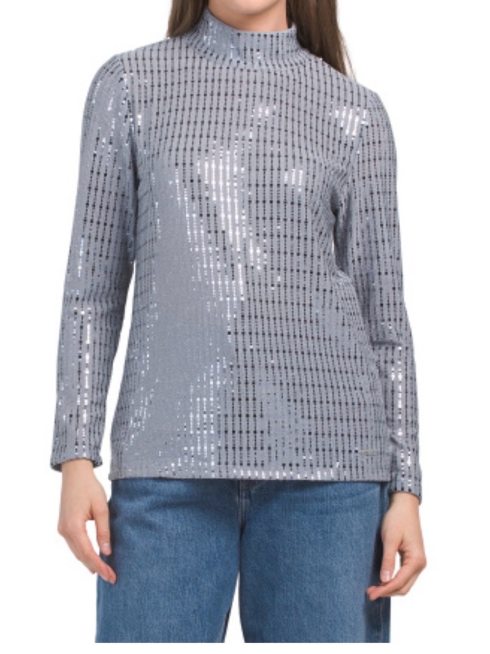 Anne Klein Silver Sequin Mock Neck Long Sleeve Top